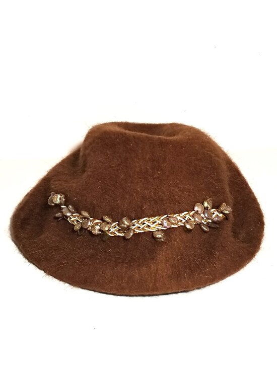 Vintage 1940s Wool Beret Merrimac Hat Corp Camel Brown Beaded Flapper Size 22.5 main image 7